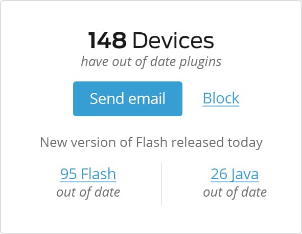 Capture d'écran du produit affichant les appareils dont les applications Flash et Java sont obsolètes